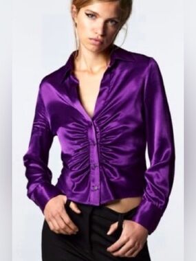Zara Satin Ruched Front Button-Down Top - Purple